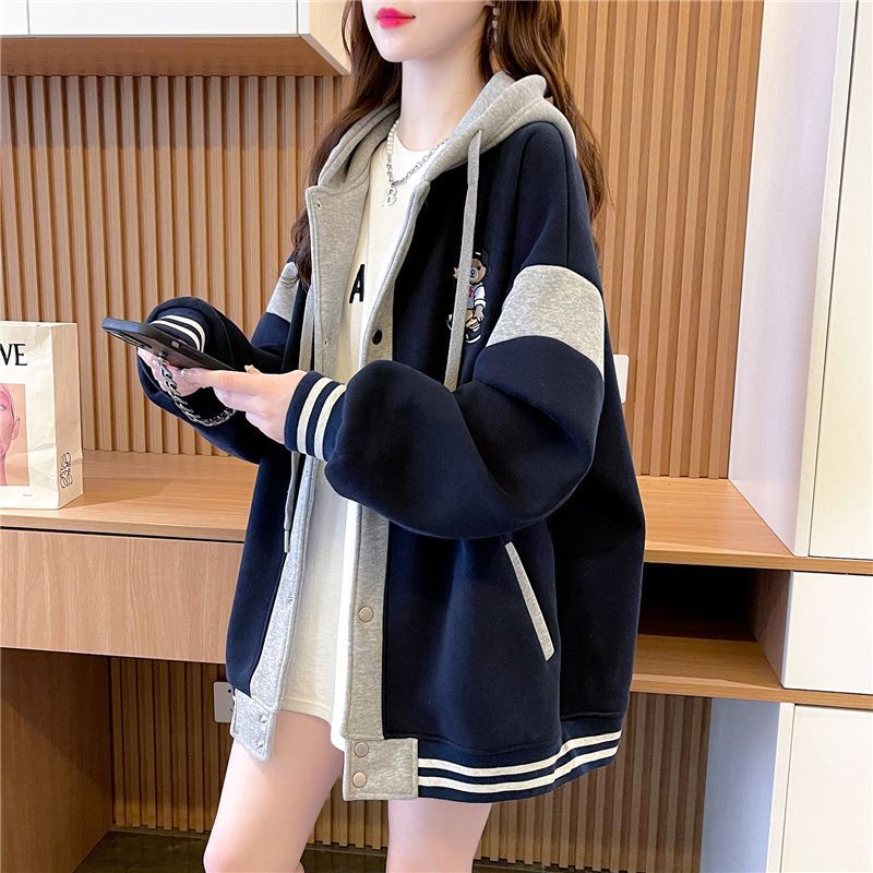 Mid-Length Baseball Jacket for Women, Fleece-Lined and Thickened, 2026 New Style, Loose and Casual Style for Students, Autumn and Winter Hooded Sweatshirt