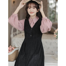 法式黑色灯芯绒背带连衣裙女装春季2025新款减龄漂亮洋气套装裙子