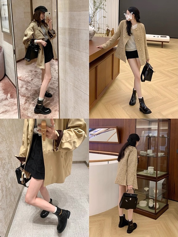 羊皮版~侧拉链小金扣链真皮厚底马丁靴骑士短靴女瘦瘦靴切尔西靴|undefined