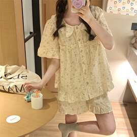 少女甜美蕾丝边娃娃领碎花家居服夏季新款短袖短裤宽松睡衣套装