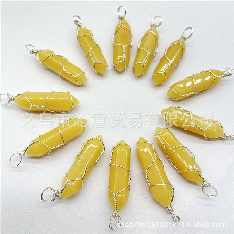 Comercio exterior caliente bobina hexagonal columna colgante collar de cristal natural hecho a mano de plata hilo bala joyería al por mayor