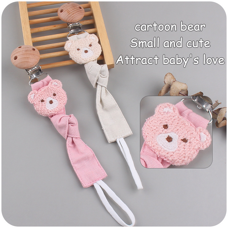 Nueva haya chupete clip de algodón y lino cinta chupete cuerda Oso de dibujos animados Cadena de chupete cadena anti-caída