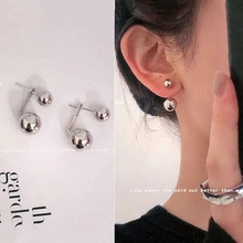 韓國新款簡約金屬珠珠光面圓球耳釘女S925銀針后掛式耳環耳飾批發