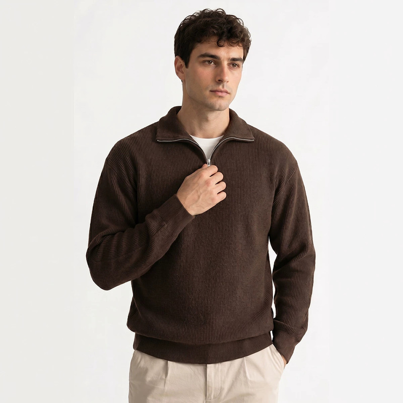2026 Autumn and Winter Half-Zip Stand-Up Collar Men's Knitted Long-Sleeved Sweater American Retro Old Money Style Casual Pullover Top for Men