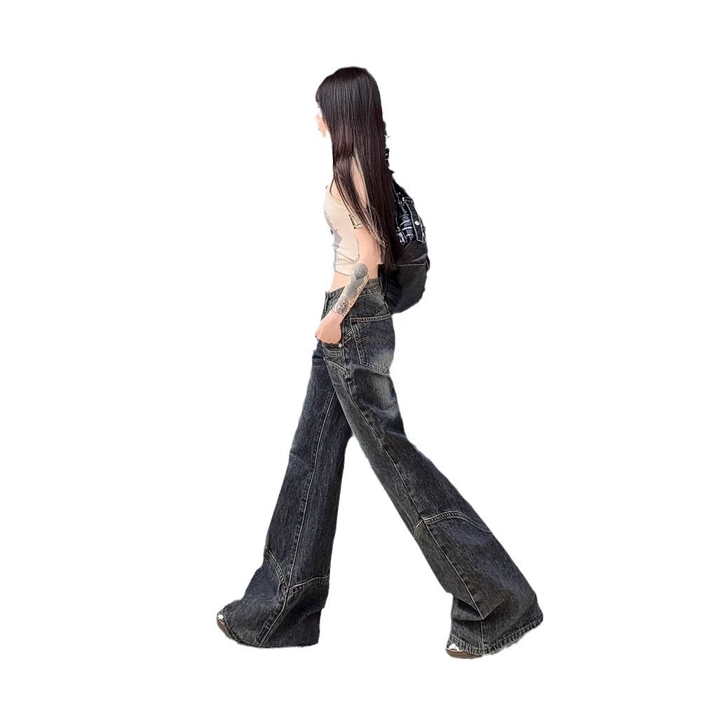 Demi-season jeans, retro design trousers, high waist, American style, trend of season, loose straight fit