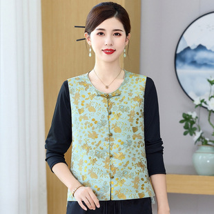Mom Autumn Vest Coat Western Style New Chinese Style National Style 2024 New Middle-aged and Elderly Women's Outer Wearing Vest Top