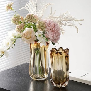 Light Luxury Petal Amber Glass Vase Ornaments Scandinavian High-End Simple Living Room Dining Table Soft Decoration Flower Utensils