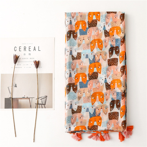  new spring and summer fresh and sweet style cartoon cat cotton and linen scarf Bali thin silk scarf shawl for women
