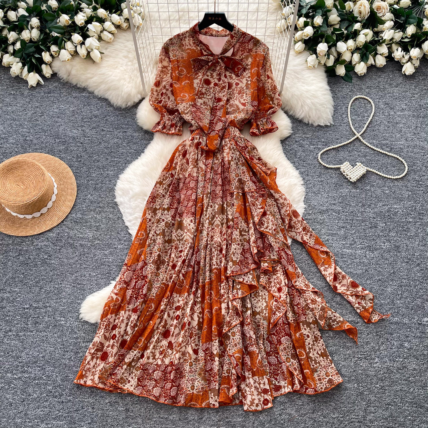 Retro Printed Dress Short Sleeved a Line Skirt Long Slimming Elegant Summer Women's Clothing_ecoleips.com