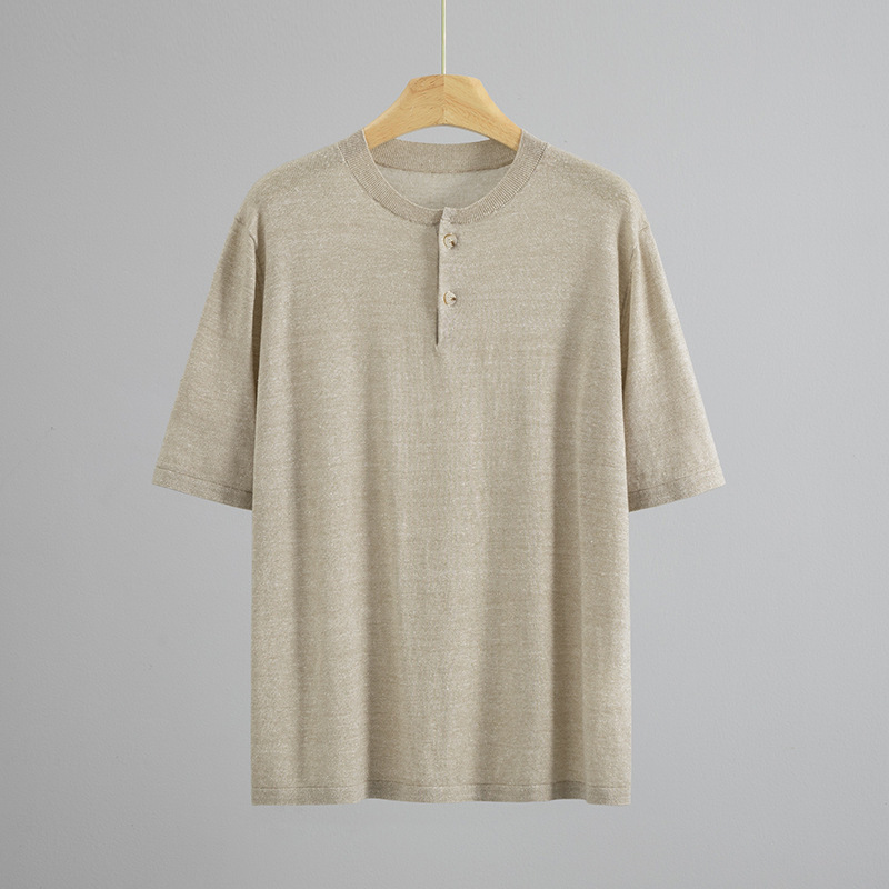 Minimalist Light Luxury High-Intelligence Skin-Feel Ceiling Wool Linen Henry Collar Pullover Business Casual Knitted Short-Sleeved Men