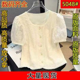 法式泡泡袖蕾丝上衣女夏季新款气质雪纺衬衫短袖大码女装小衫