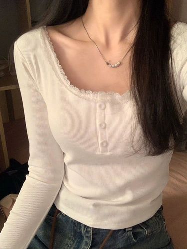 250g Comfort Fleece Lace Splice Button Round Neck T-shirt for Women Long Sleeve Slim Top