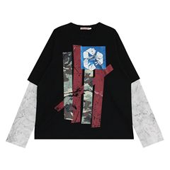 アメリカの復古は古いプリントをして偽の2つのtシャツの男女のゆったりとしたカジュアルな丸首の長袖の底のシャツの上着をつなぎ合わせます。