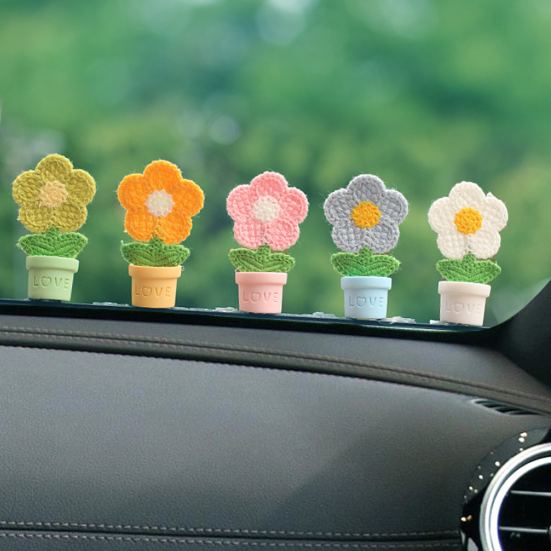 Nueva lana, girasol tejido a mano, decoración de coche, consola central de coche, flores frescas que sacuden la cabeza