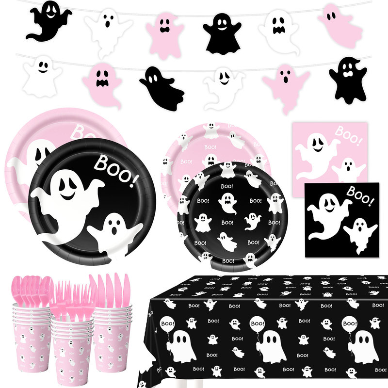 Cross-border Ghost Halloween Theme Pink and Black Color Scheme Party Supplies Tableware Set Tablecloth Scene Decoration Cross-border Ghost Halloween Theme Pink and Black Color Scheme Party Supplies Tableware Set Tablecloth Scene Decoration