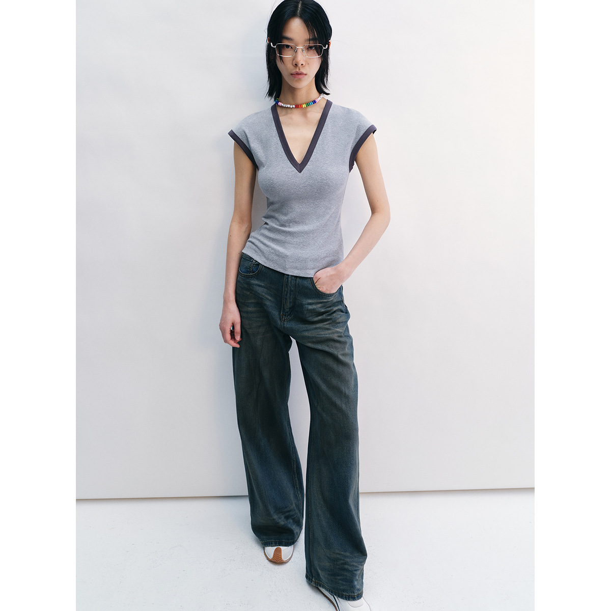 [Time] New Cotton Vintage Contrast Sleeveless V-Neck Elastic Slim Fit Slim Joker T-Shirt Top Women V8737