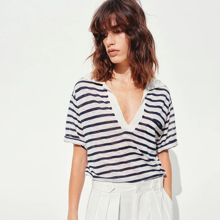 M Brand Alternative Summer New Qin Lan Style Loose Slimming Color-Block Striped Lightweight Knitwear T-Shirt Polo Shirt M Brand Alternative Summer New Qin Lan Style Loose Slimming Color-Block Striped Lightweight Knitwear T-Shirt Polo Shirt