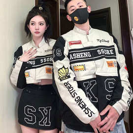 可拆卸外套2025年春季美式复古棒球服机车套装vintage潮牌赛车服