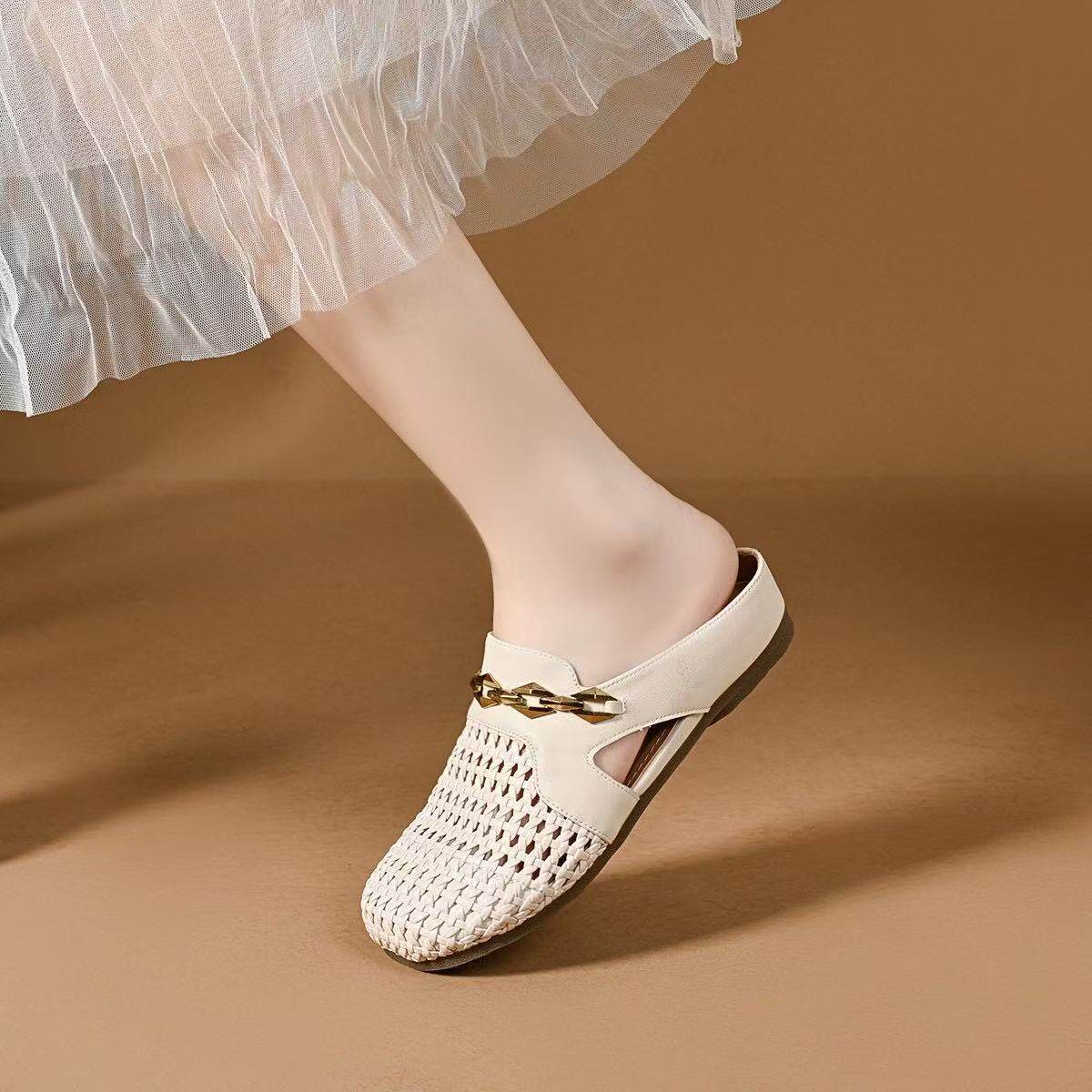 Dép sandal nữ da thật bít mũi dệt rỗng đế phẳng chống trượt — màu đen chi tiết 6