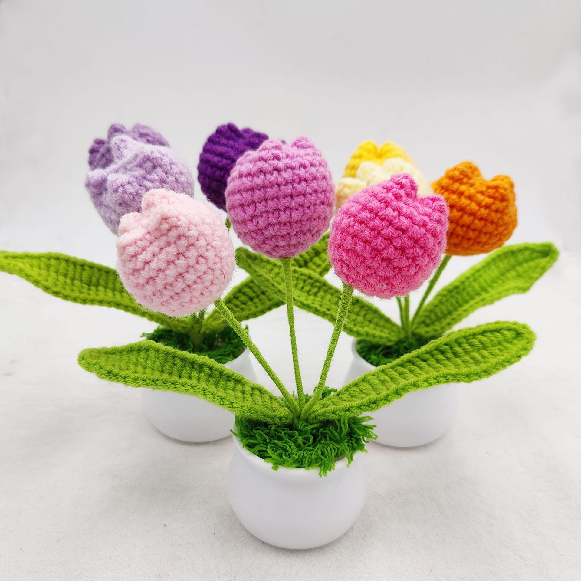 跨境3頭鬱金香盆栽寶媽純手工針織居家擺件