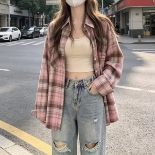 早秋复古chic格子衬衫女外套设计衣新衬衣宽松休闲风长袖开衫