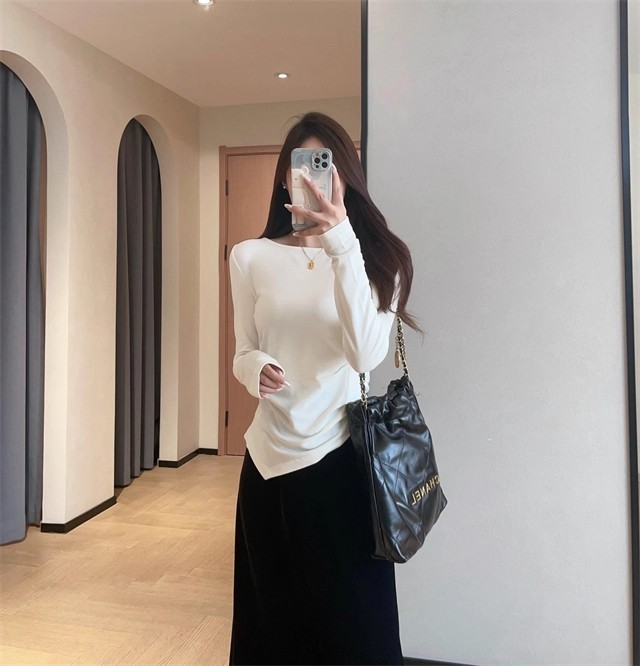 IM919设计感小众不规则下摆褶皱收腰显瘦船领长袖T恤女2025秋冬|undefined