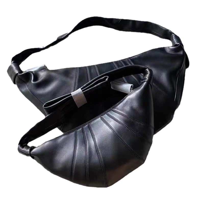 HN4005 Genuine Leather Croissant Bag Nappa Sheepskin Designer Dumpling Bag Crossbody Waist Bag Black - Thumbnail 5