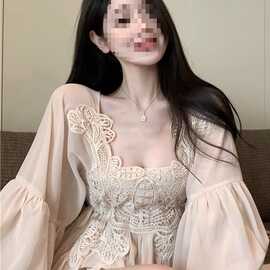 韩系减龄领灯笼袖衬衫女夏季新款重工拼接蕾丝钩花洋气雪纺上衣