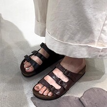 牛皮版~一脚蹬皮带扣大头粗跟勃肯鞋女黑色复古真皮方头包头拖鞋