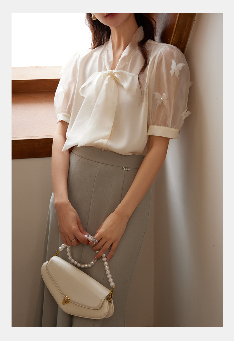 起范 夏款气质轻熟风蝴蝶结衬衫女短袖小众设计钉珠法式衬衣82302 pic 8