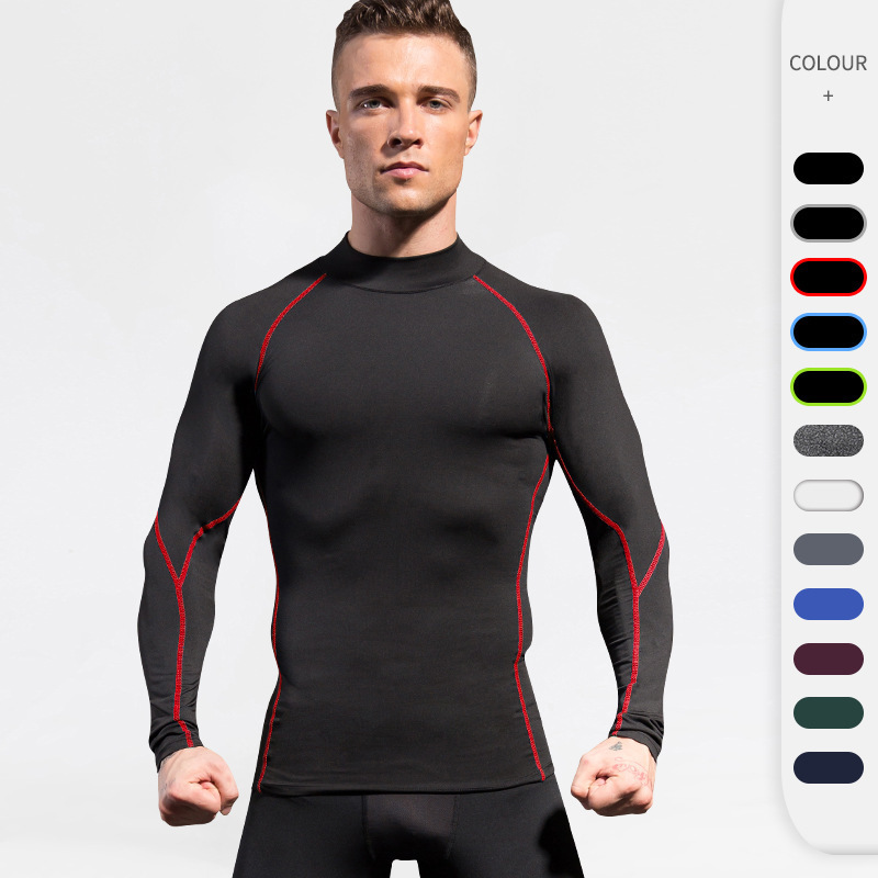 Men's High-Neck Fitness Long-Sleeved Pro Sports Running Long-Sleeved T-Shirt Autumn and Winter Elastic Quick-Drying Stand-Up Collar Sweatshirt 1058