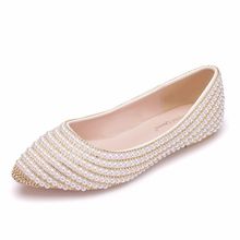 白色金鏈珍珠平底鞋婚鞋尖頭大碼女士新娘成熟平底鞋女休閑鞋