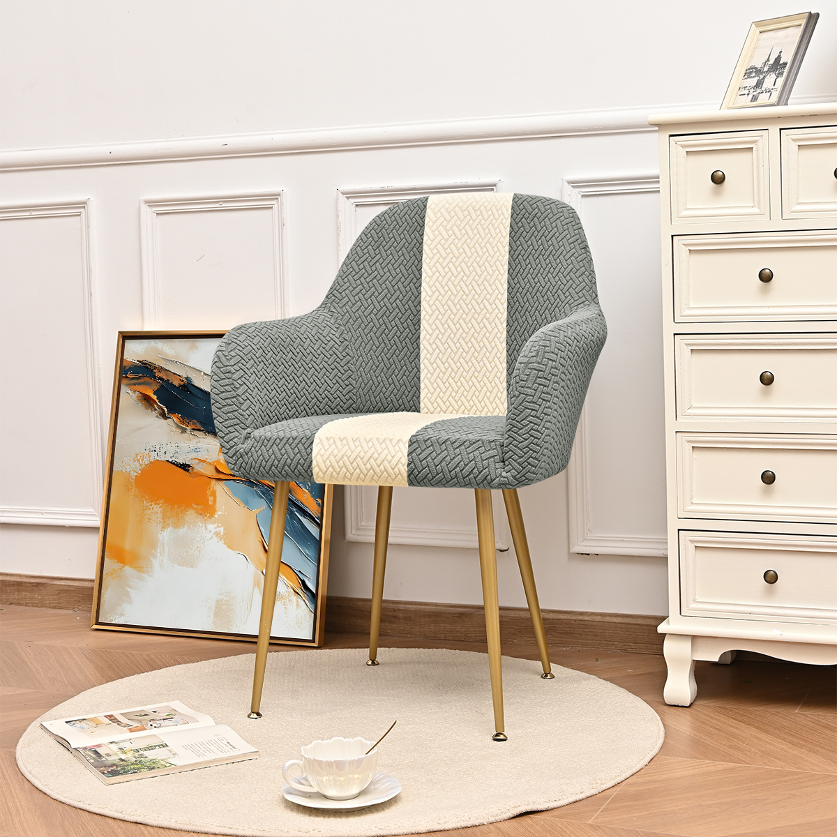 Elástico transfronterizo jacquard T-striped color nuevo cubierta de silla curva a prueba de polvo alto reposabrazos de forma especial cubierta de silla de comedor de hotel