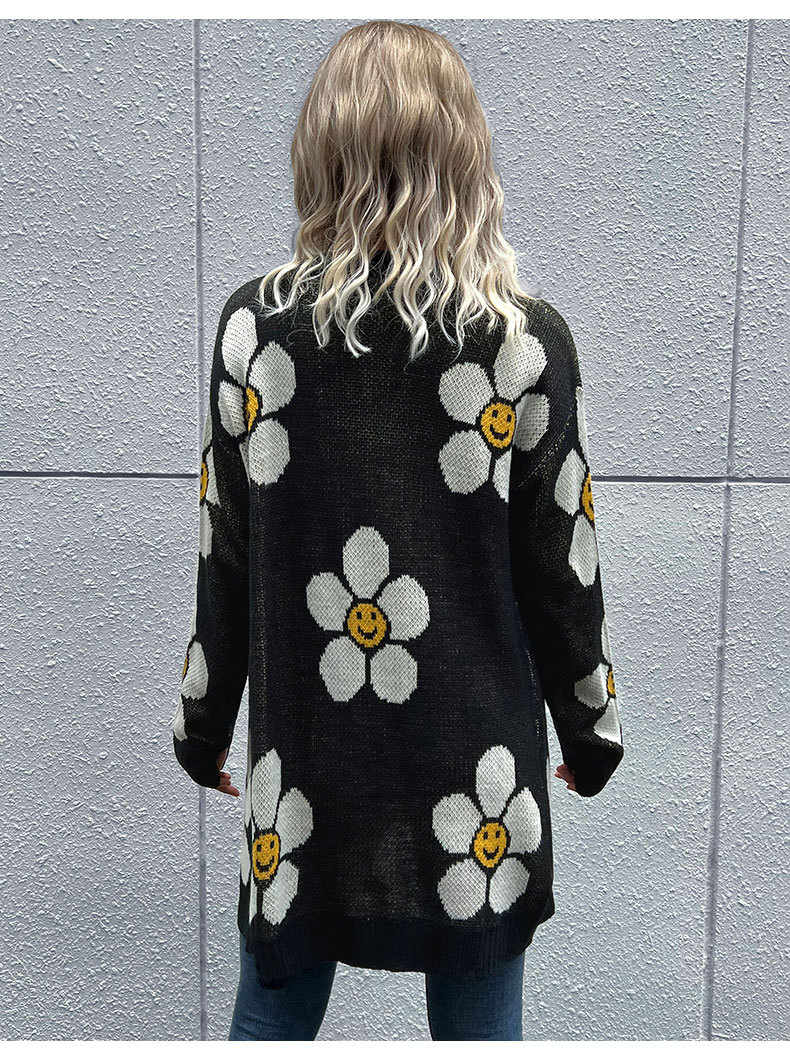 Floral Long-sleeved Long Style Sweater Cardigan_voghion.com