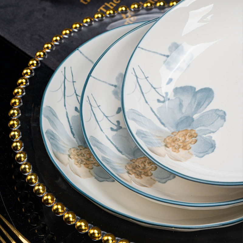Керамический набор посуды Jingdezhen Ningxiang, подглазурная цветочная роспись, разные размеры