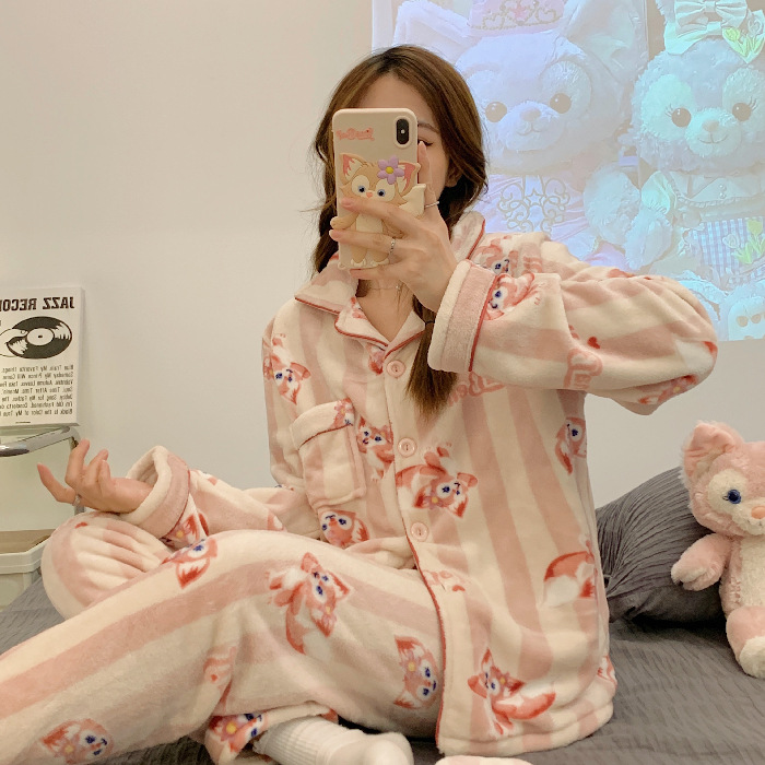 Rayas yugui perro pijamas de franela las mujeres japonés otoño y el invierno cardigan manga larga con máscara ojos dibujos animados homewear caliente conjunto