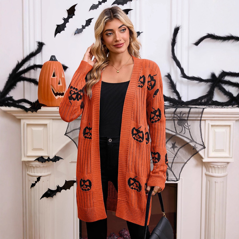 New European and American Style Women's Sweater for Foreign Trade and Cross-Border Sales, Amazon Halloween Pumpkin Head Jacquard Knitted Cardigan Sweater