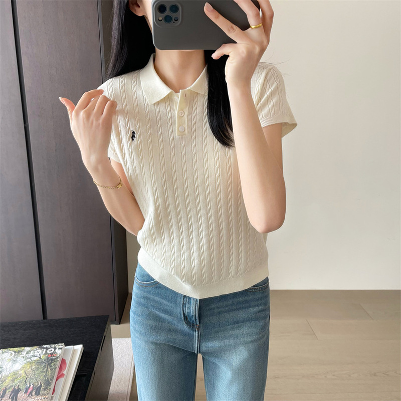 ポニー刺繍入りポロカラーラペルケーブルツイストショートニットセーター半袖Tシャツトップス女性用|undefined