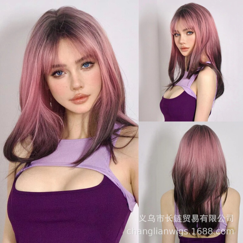 Cross-border wig full head black pink neat bangs level ladies long hair straight hair fashion temperament factory wholesale synthetic