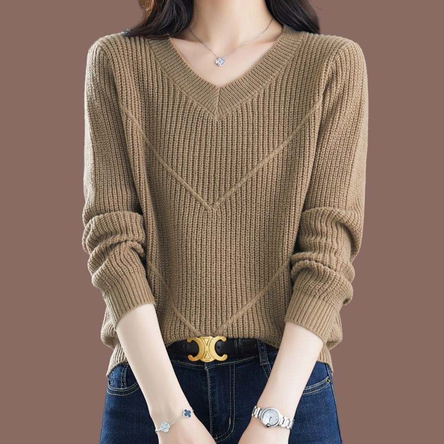 鸡心领毛衣女秋冬短款针织衫中年妈妈装外穿春秋季V领针织打底衫