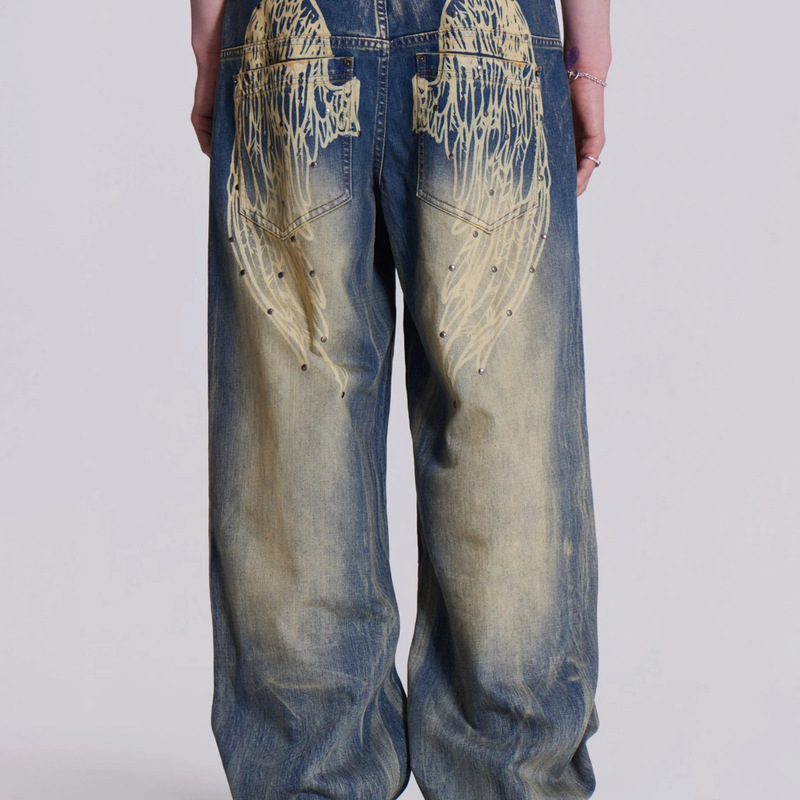 Vintage High Street Back Wing Print Loose Jeans Street Heavy Rivet Wide Leg Casual Jeans