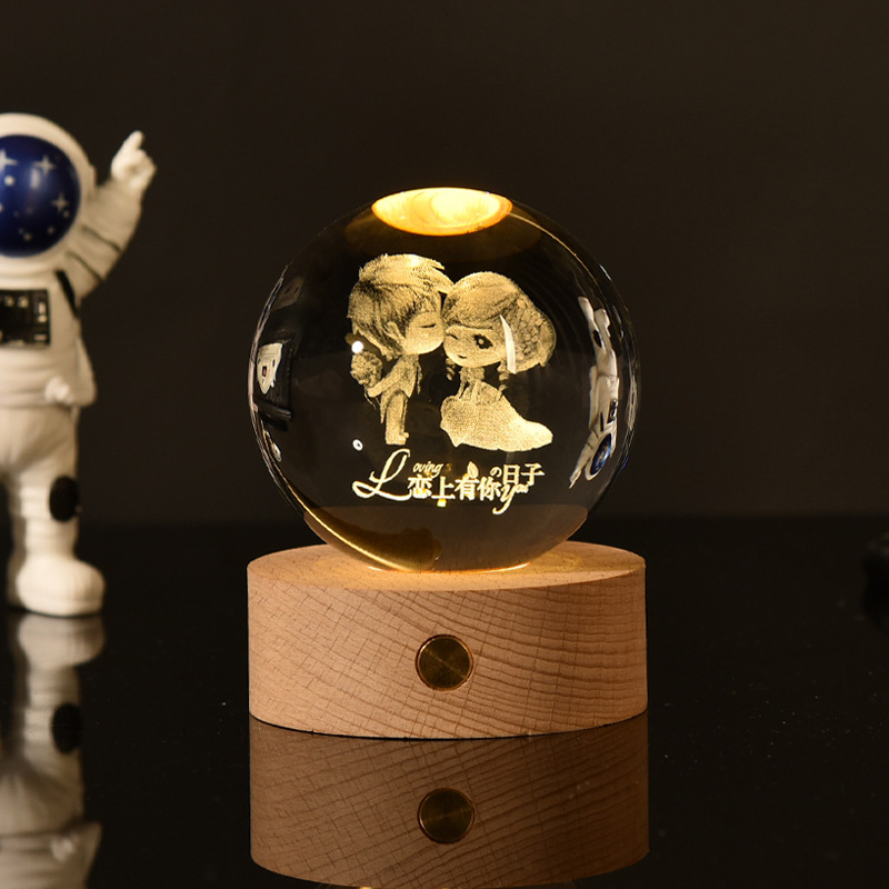 Lámpara decorativa con bola de cristal 3D | Luz nocturna LED con base de madera y grabado de galaxia o luna