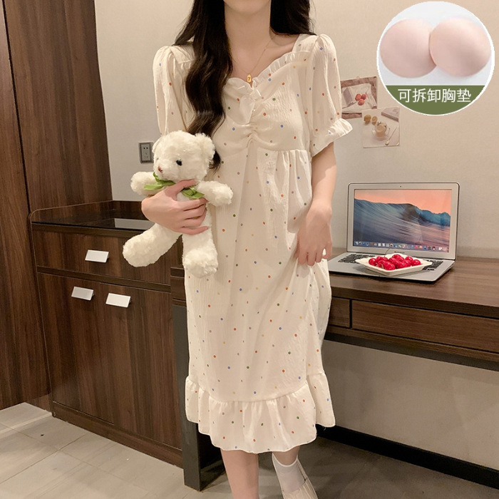 New Palace-Style Nightgown for Women, Summer Sweet Polka-Dot Long Dress, Short-Sleeved Pajamas, Korean Style Retro with Breast Pads, Female Princess