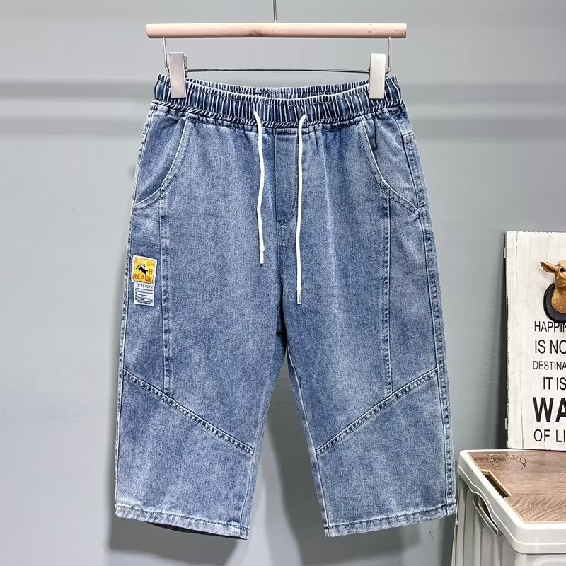 Cinco 5 puntos de pantalones cortos de mezclilla con costuras exteriores para hombres 2024 marca de moda de verano pantalones casuales de cintura elástica rectos sueltos