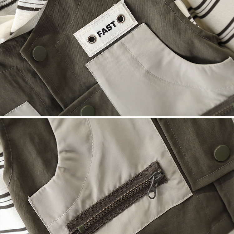 6313 chaleco para niños traje de tres piezas otoño 2024 nuevo suéter a rayas con capucha para niños traje de primavera y otoño