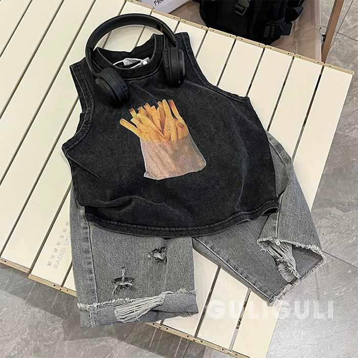 Summer casual retro trendy distressed loose cotton cool boy's sleeveless T-shirt for small and medium children backless top upper garment T