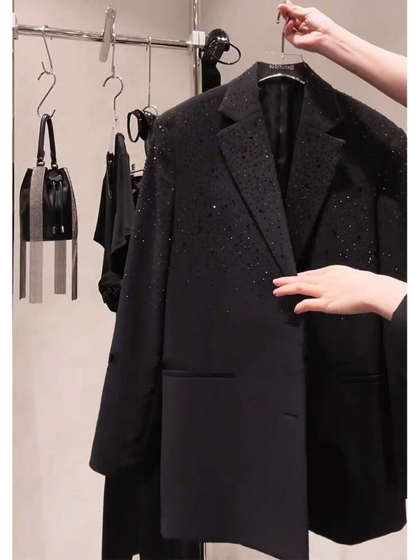 【源头工厂】高级感炸街闪亮烫钻黑色西装外套今年流行西服秋季|undefined