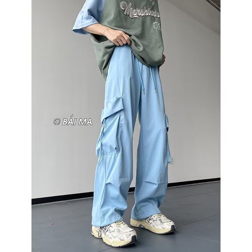 Workwear Pants for Men - Summer Thin Model, American Style Fashion Brand, Quick-Drying, Loose Fit, Youth Sports, Ice Silk, Draping, Casual Long Pants