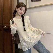 法式甜美少女蕾丝打底衫女春秋新款内搭外穿长袖小众拼接下摆上衣