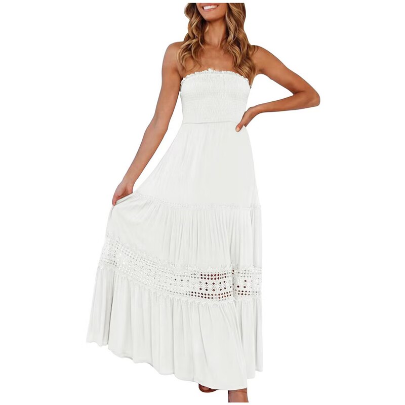 Cross-border solid color tube top hem long sleeveless retro Bohemian waist temperament dress